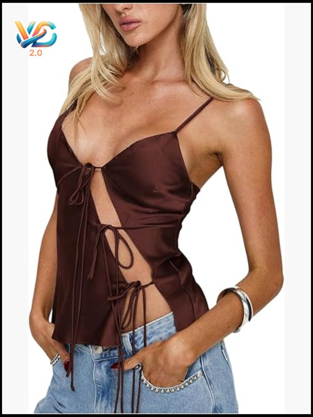 Satin Camisole Top Tie Front V Neck Asymmetrical Hem Y2K Clubwear - Picture 1 of 5